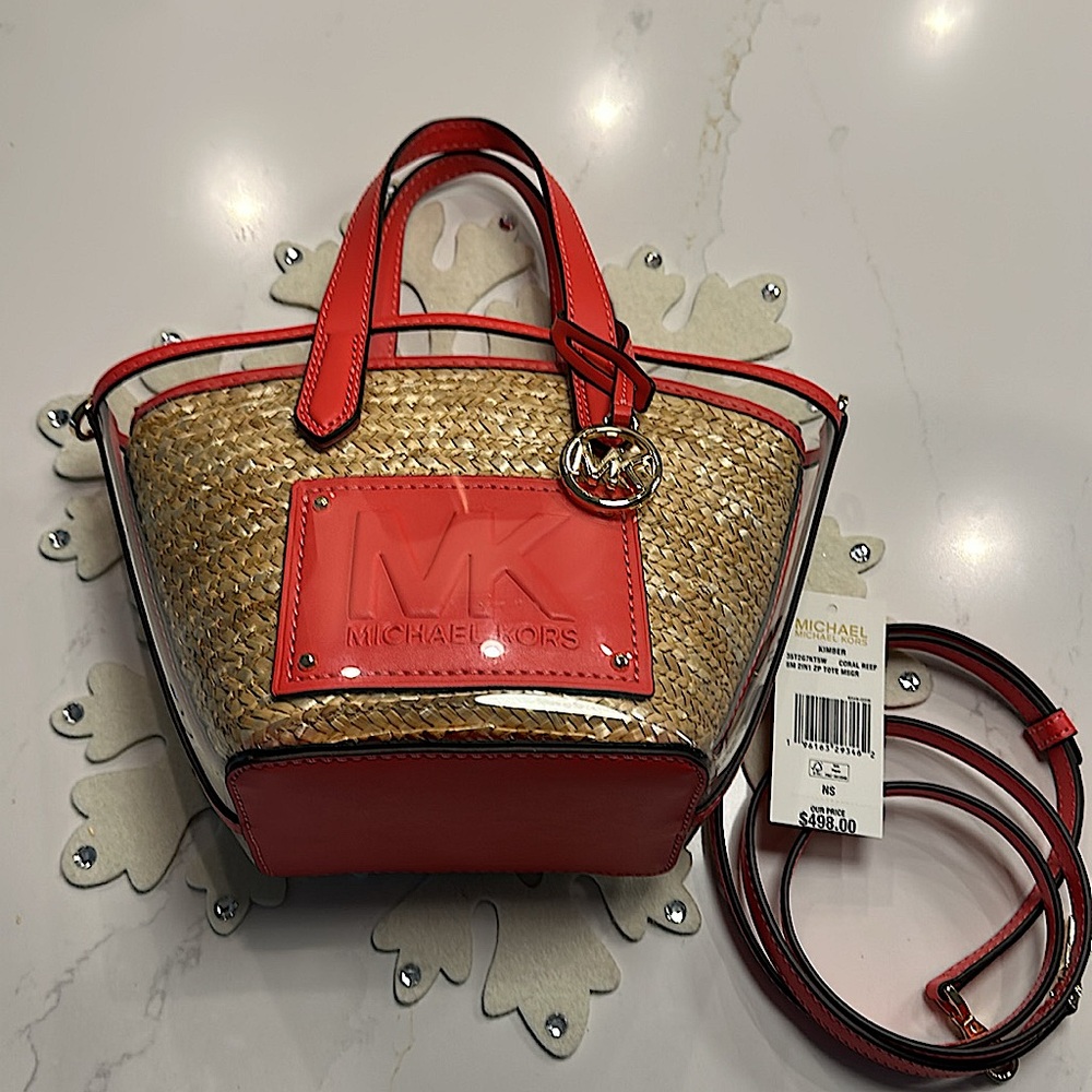 NWT-Michael Kors Kimber Small 2-in-1 Vinyl/Straw Convertible Tote/Crossbody Bag